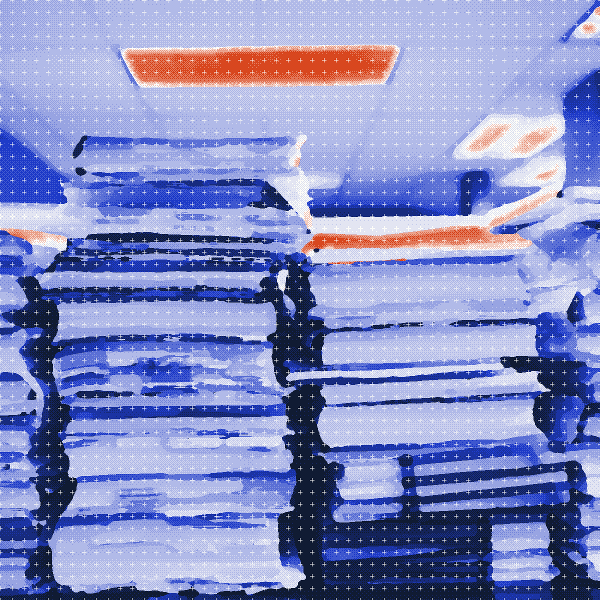 Towers of stacked paper files and tabbed folders in an office, painted and rendered as a dot lattice.